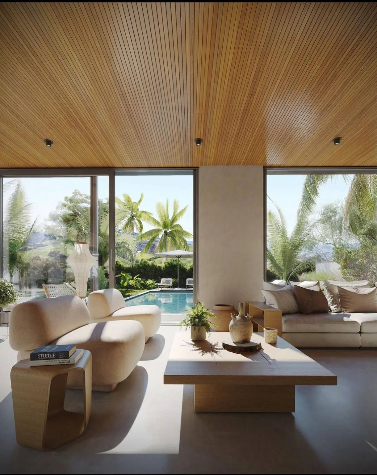 Salon ouvert sur la piscine — projet de design d'intérieur Ambienta