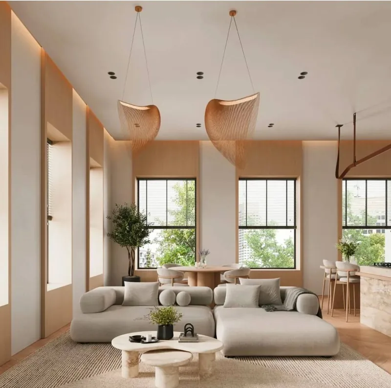 Salon avec suspensions lumineuses